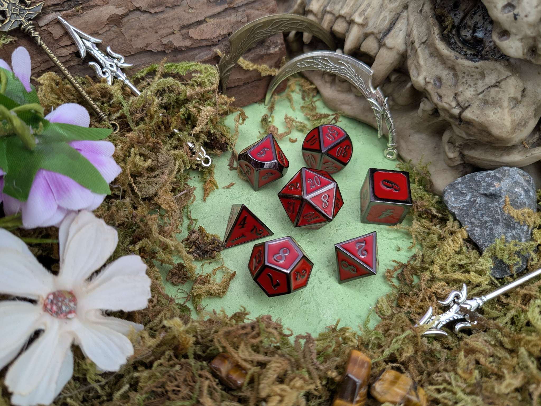 Red with Black outline Metal Dice Set