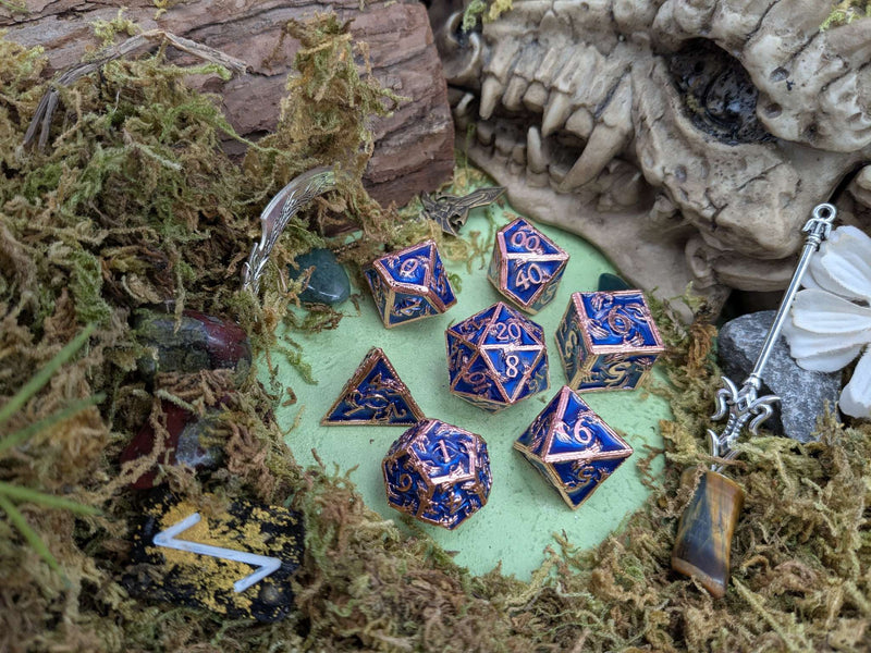 Skeleton Blue and Copper Metal Core Dice Set