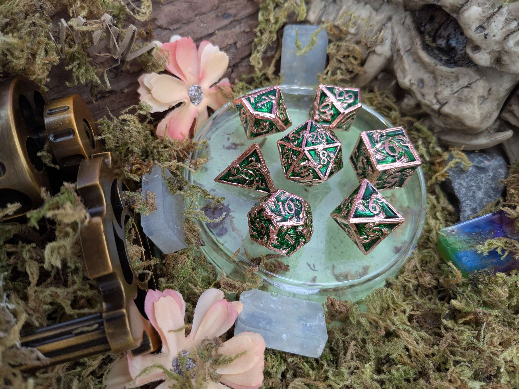Skeleton Green and Copper Metal Core Dice Set