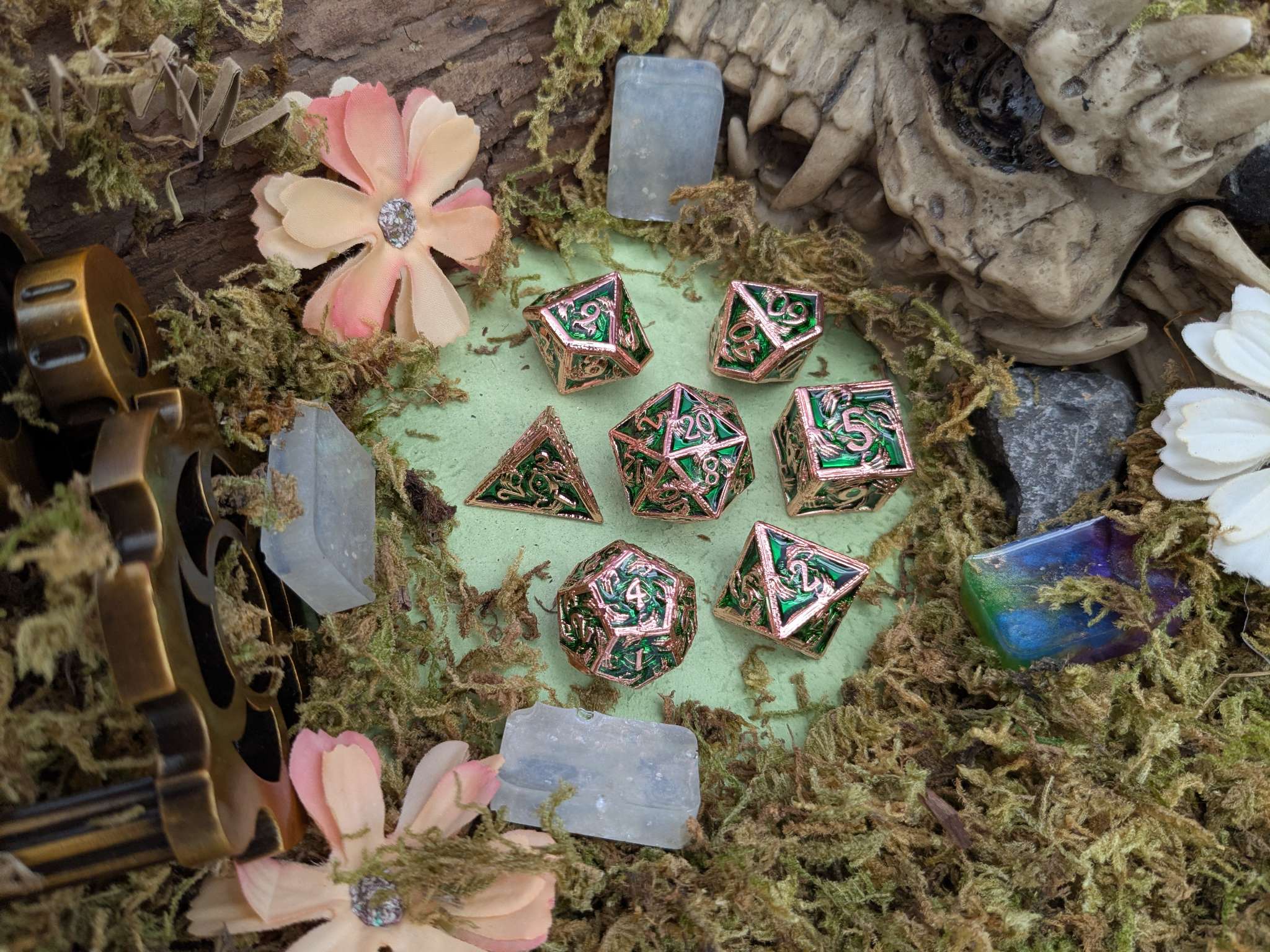 Skeleton Green and Copper Metal Core Dice Set