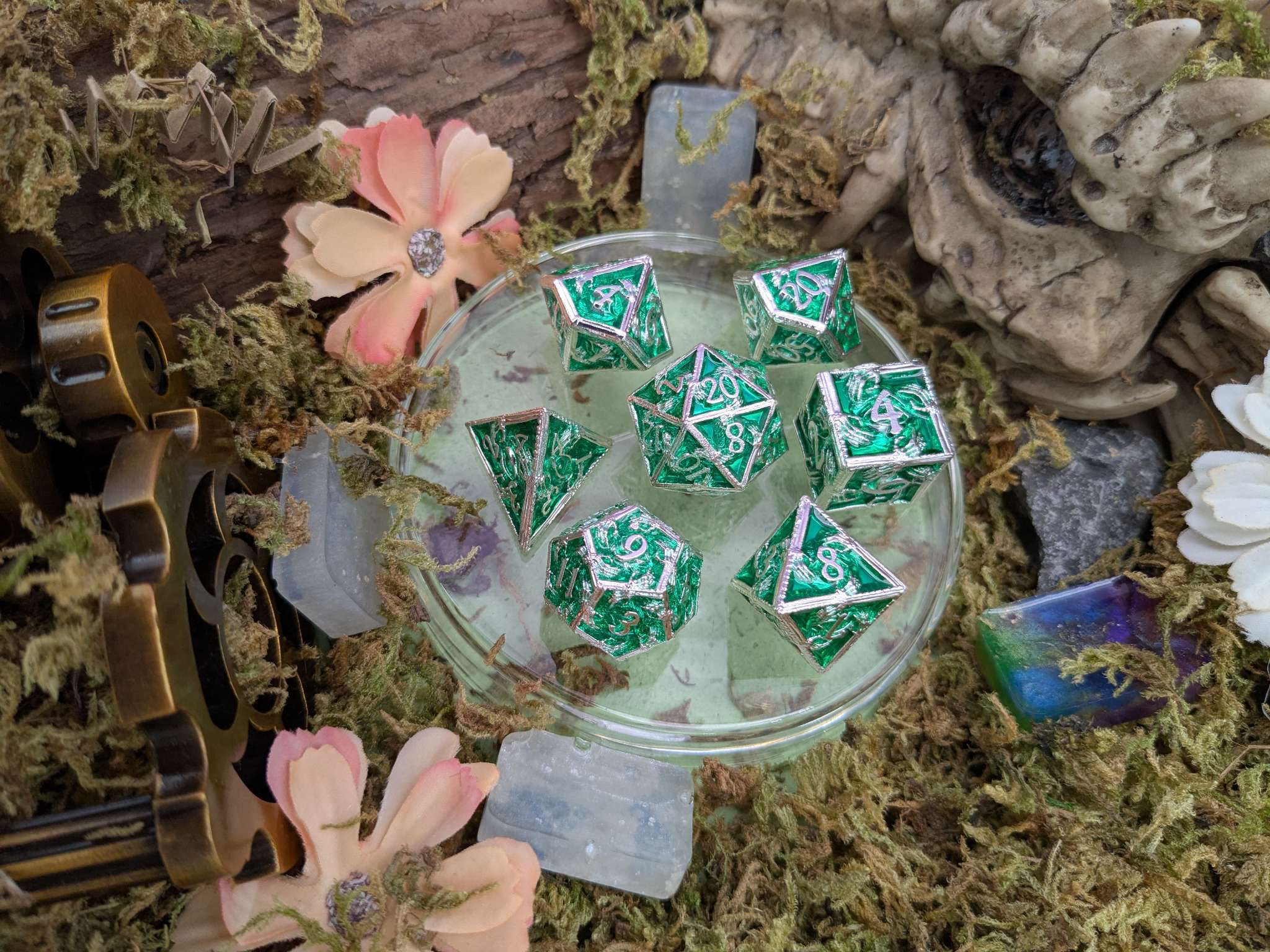 Skeleton Green and Silver Metal Core Dice Set