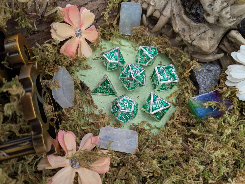 Skeleton Green and Silver Metal Core Dice Set