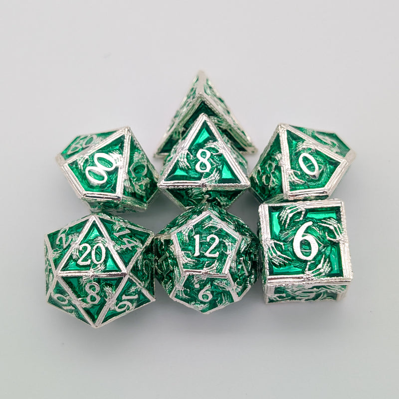 Skeleton Green and Silver Metal Core Dice Set