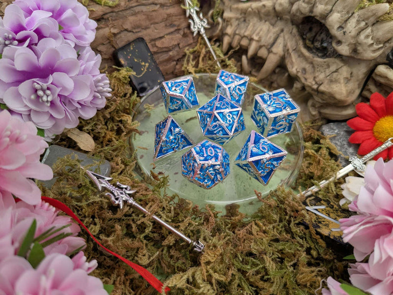 Skeleton Silver and Blue Metal Core Dice Set