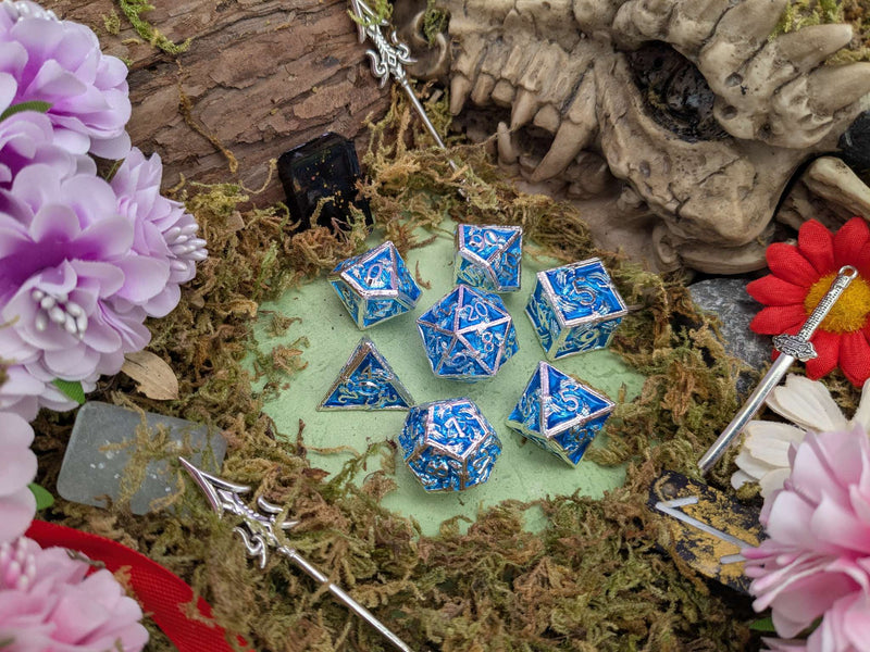 Skeleton Silver and Blue Metal Core Dice Set
