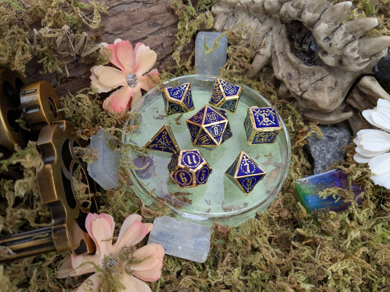 Swords Blue and Gold Metal Core Dice Set