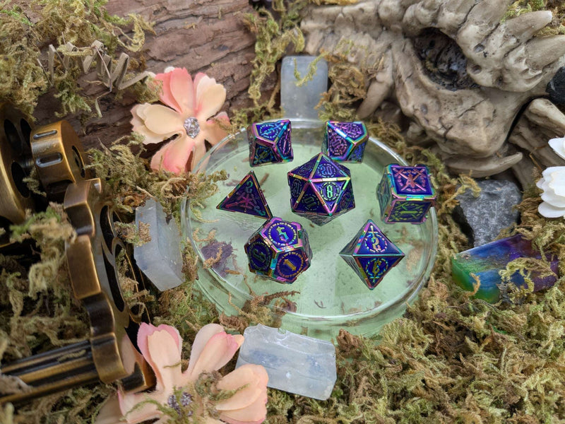 Swords Blue and Rainbow Metal Core Dice Set