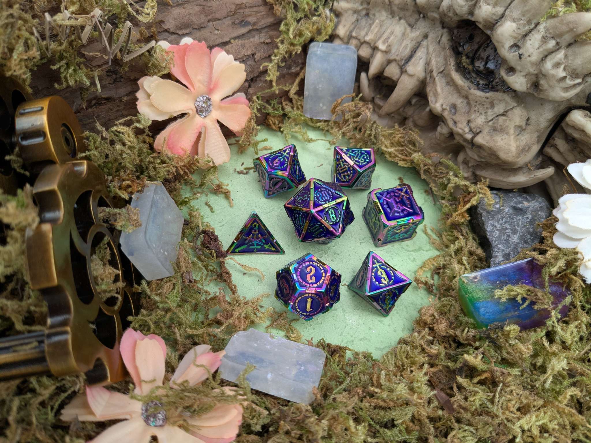 Swords Blue and Rainbow Metal Core Dice Set