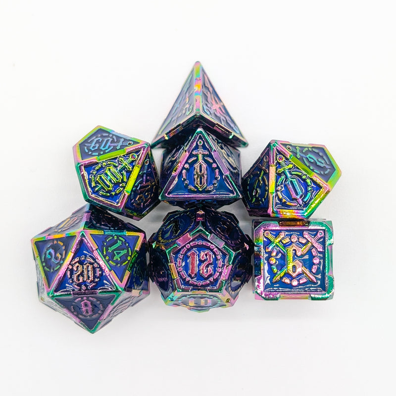 Swords Blue and Rainbow Metal Core Dice Set