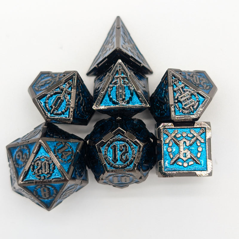 Swords Blue and Silver Metal Core Dice Set