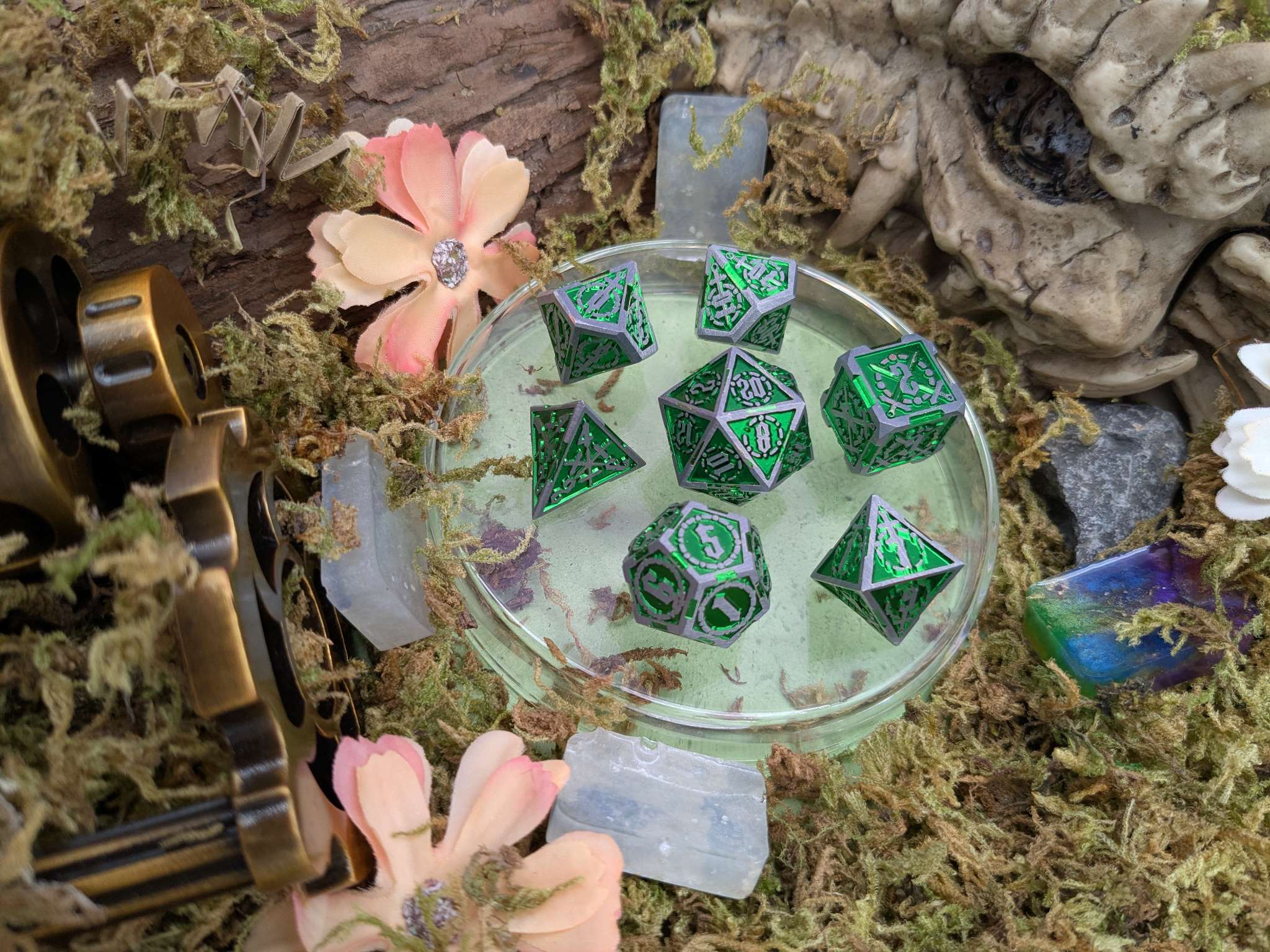Swords Green and Silver Metal Core Dice Set