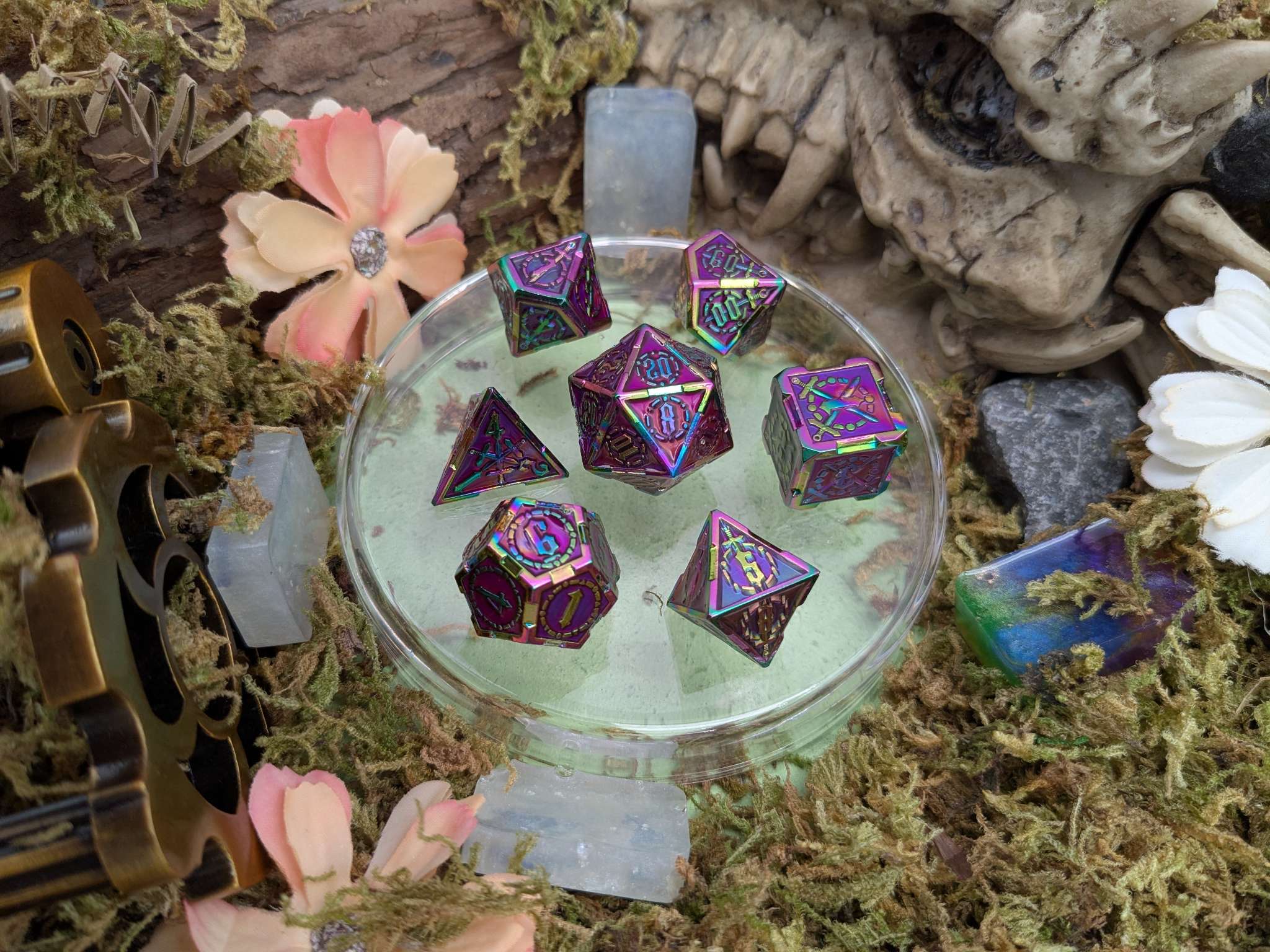 Swords Red and Rainbow Metal Core Dice Set