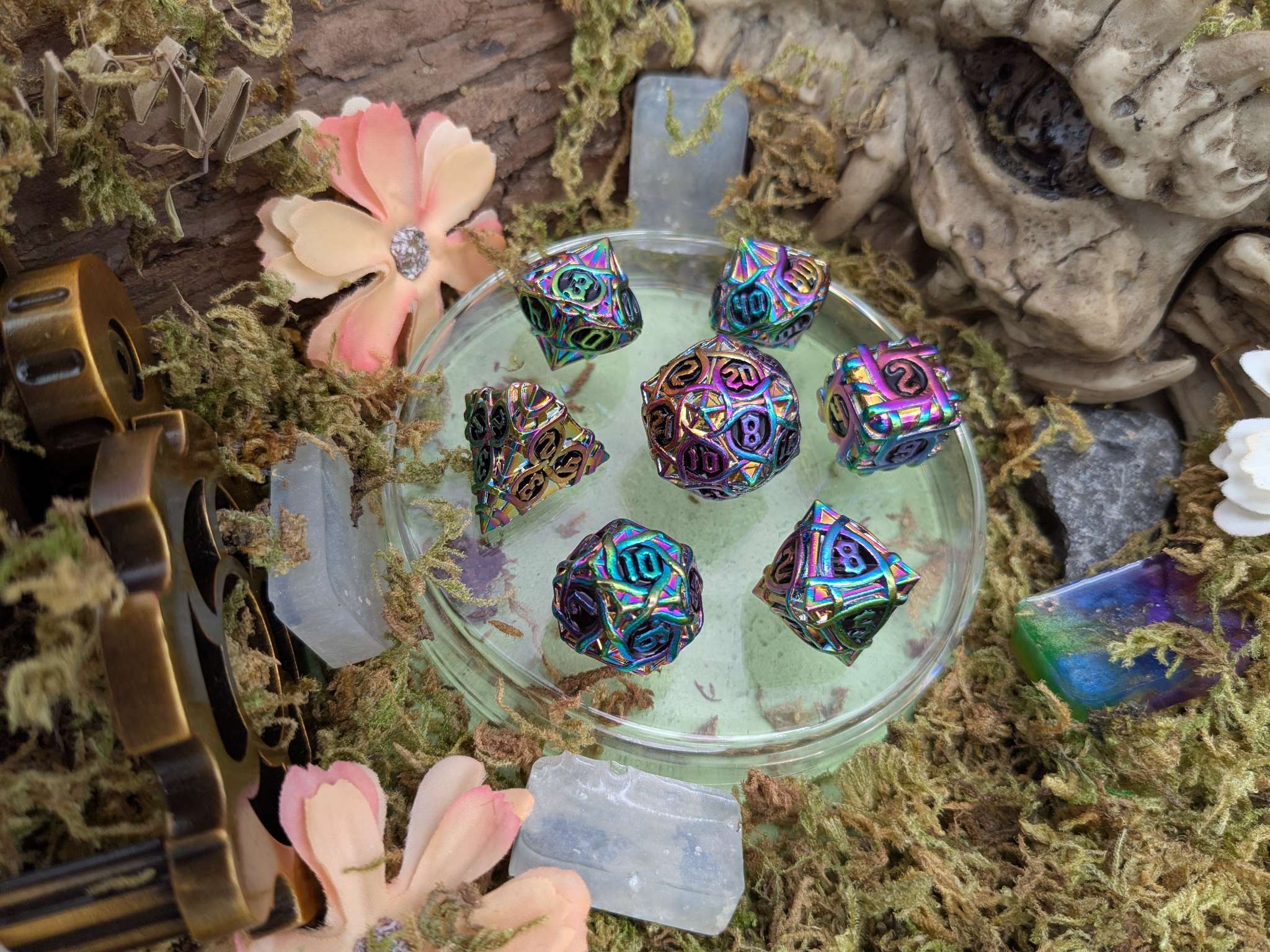 Thorns Rainbow and Black Metal Core Dice Set