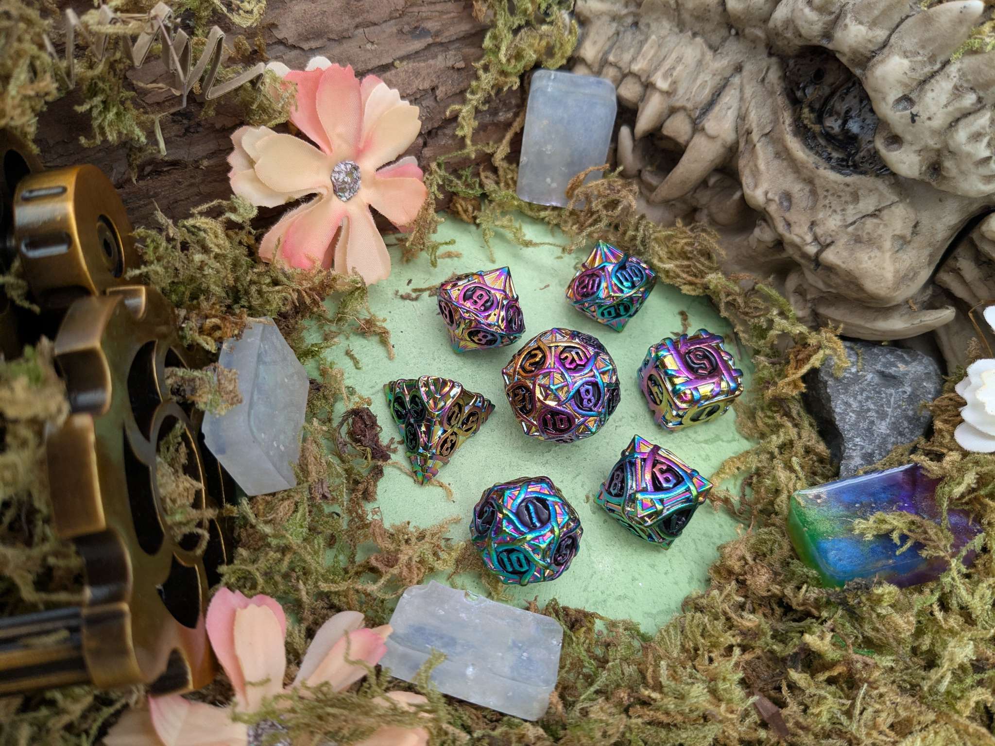 Thorns Rainbow and Black Metal Core Dice Set