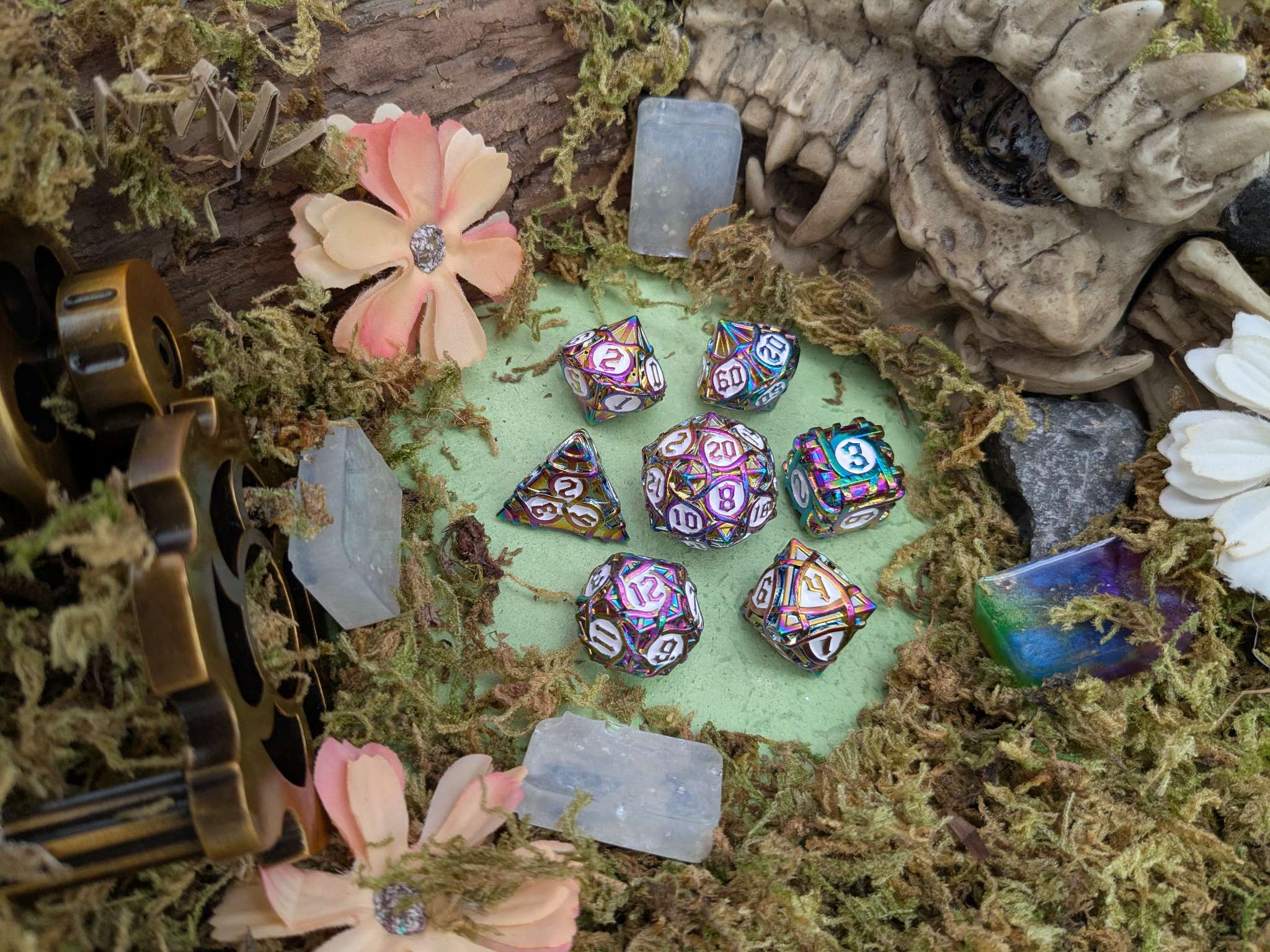 Thorns Rainbow and White Metal Core Dice Set