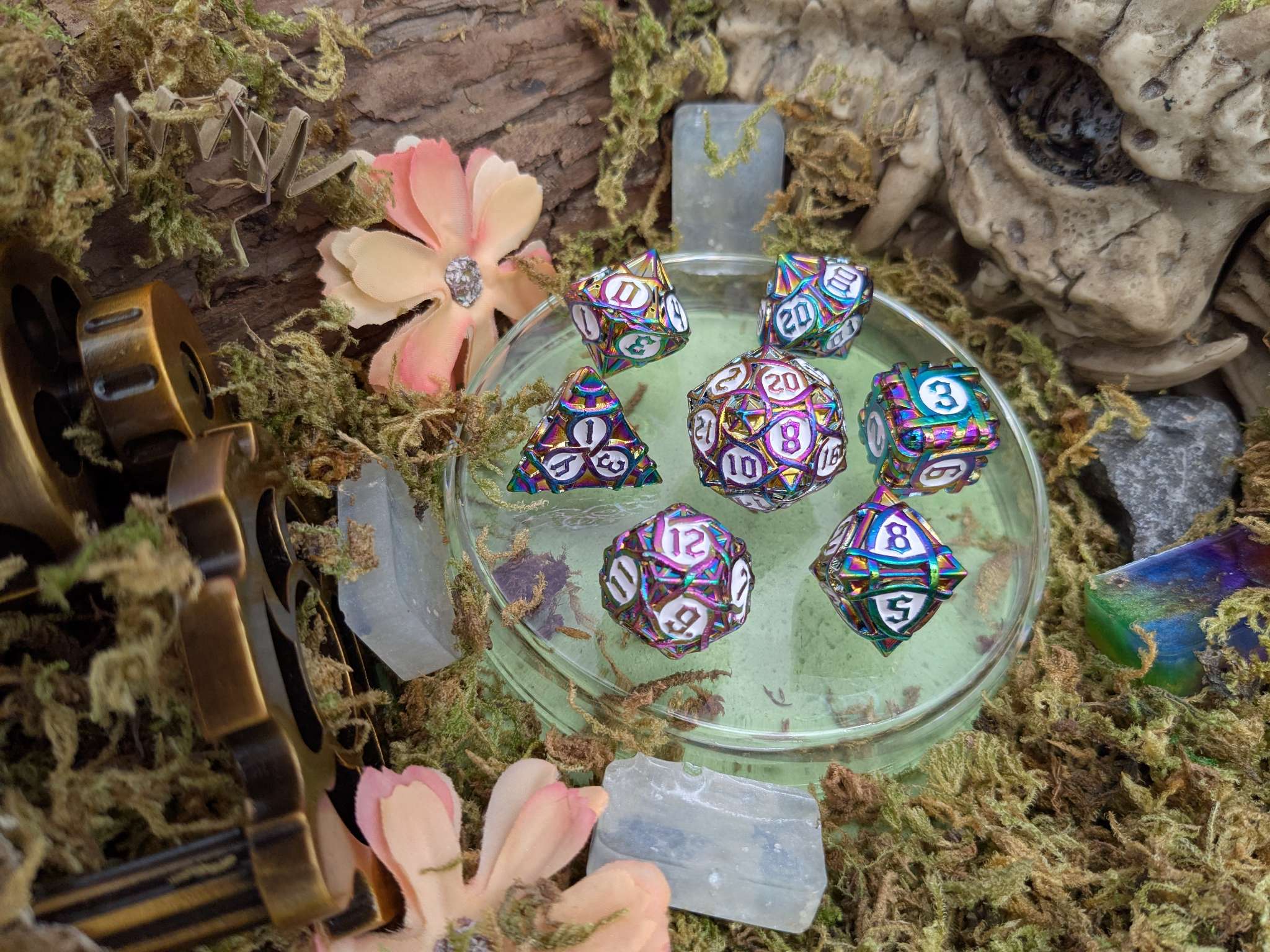 Thorns Rainbow and White Metal Core Dice Set