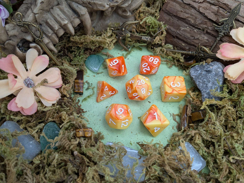 Tie-Dye Orange and Yellow Dice Set
