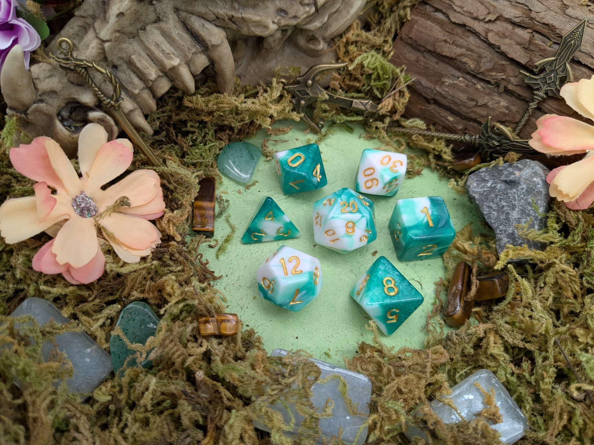 Two Tone Green White Dice Set