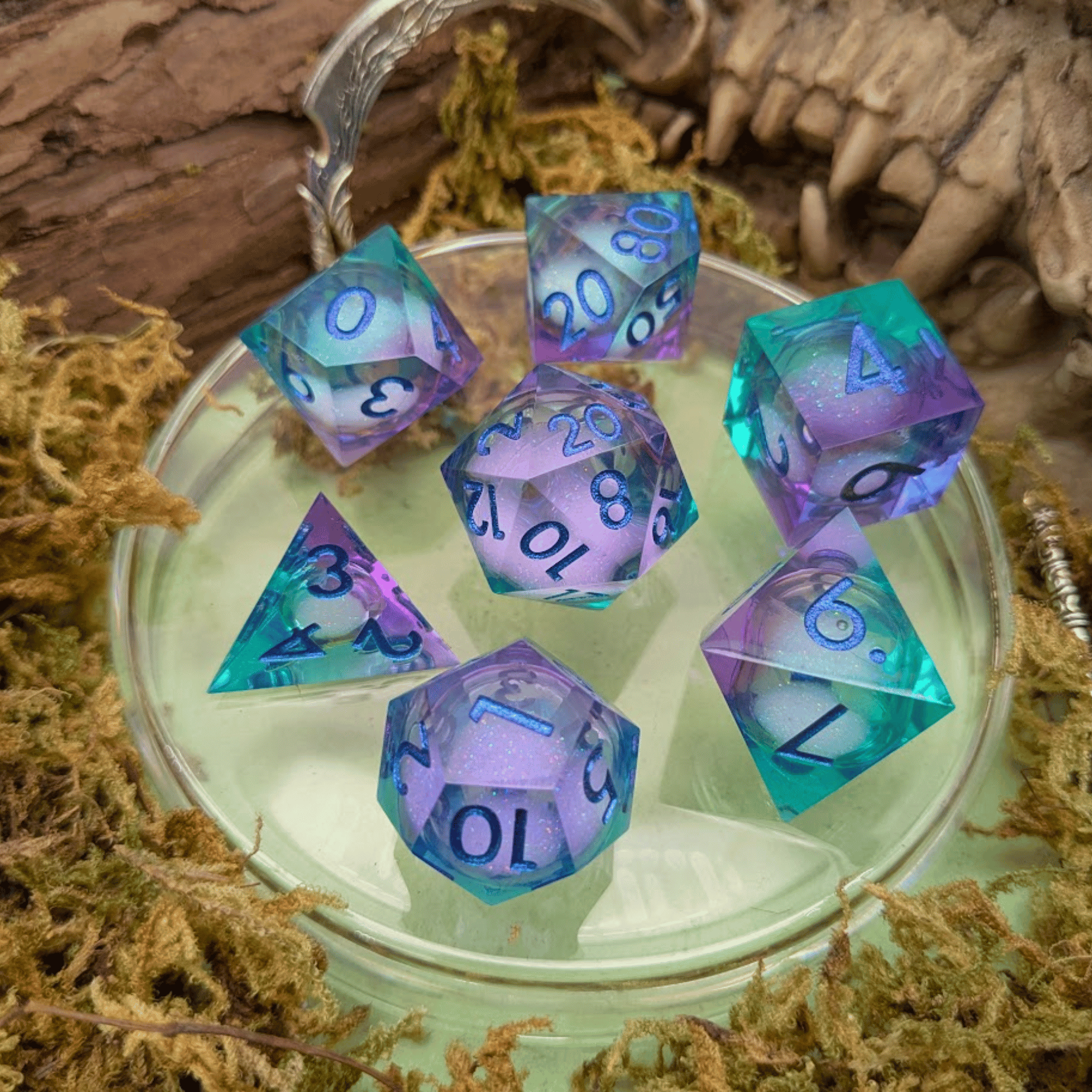 Shimmer Blue and Purple Liquid Core Dice Set