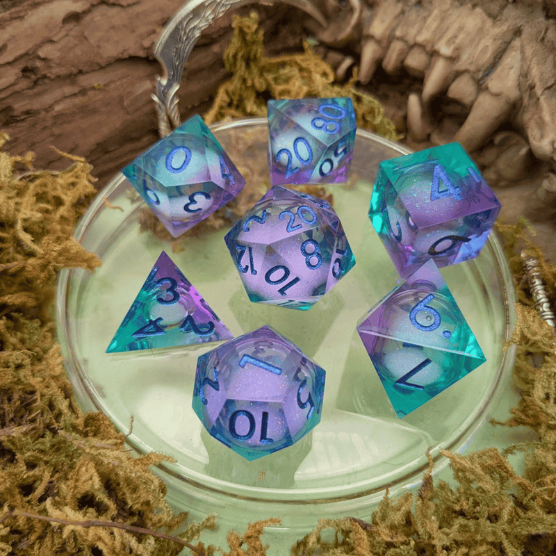 Shimmer Blue and Purple Liquid Core Dice Set