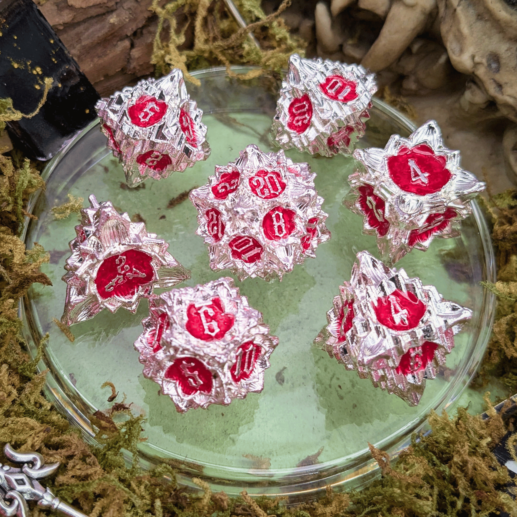 Flower Silver and Red Metal Core Dice Set