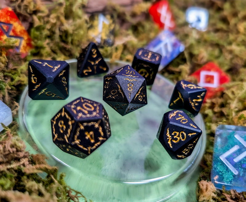 Arcana Obscura | Arcana Black and Gold Metal Dice Set