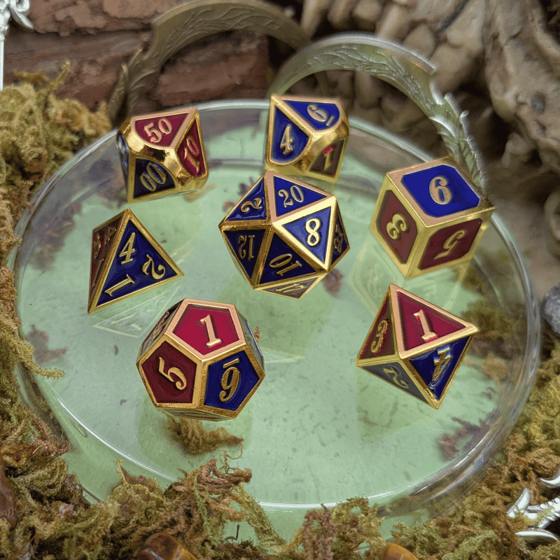 Simple Red Blue and Gold Metal Core Dice Set