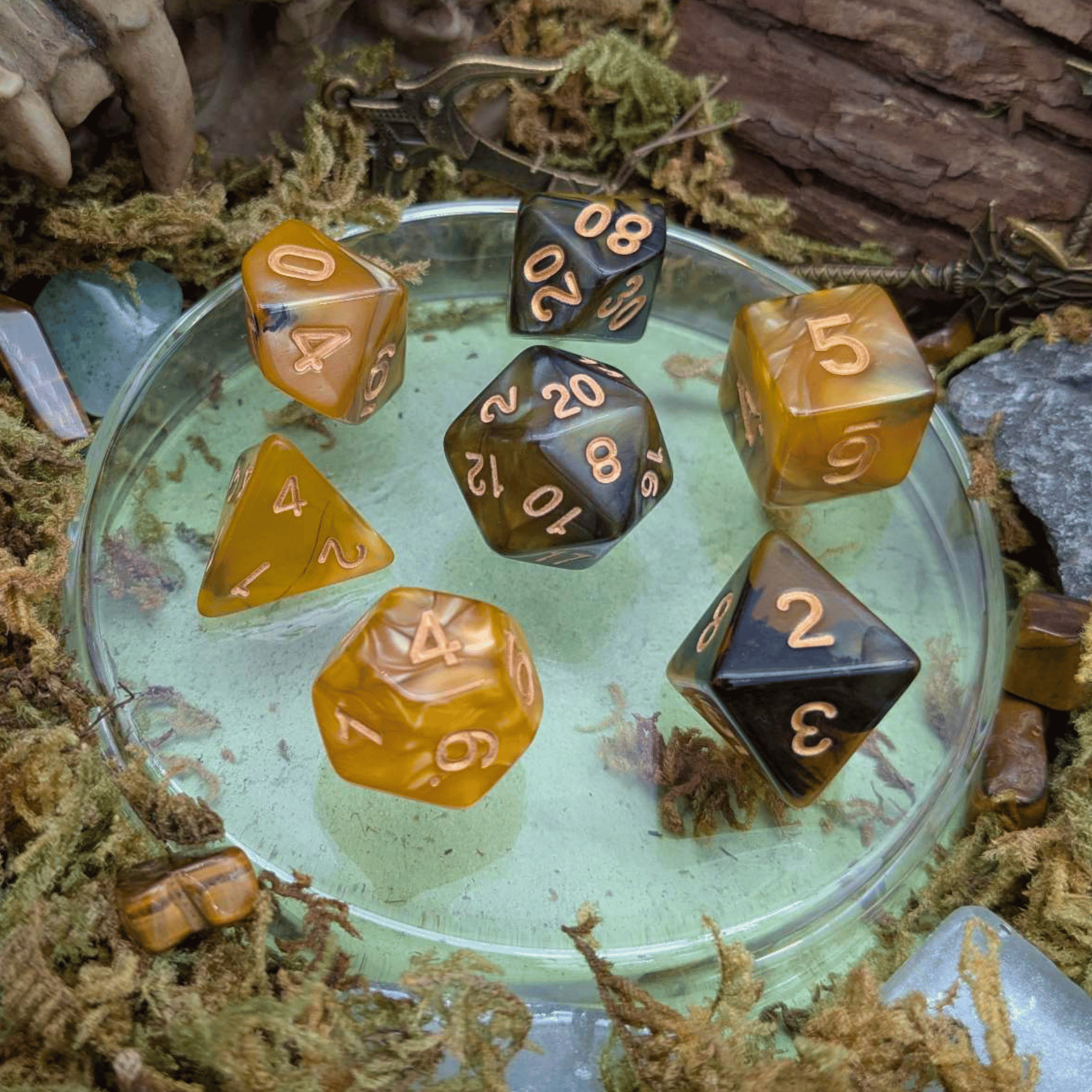 Yellow and Black Tie-Dye Dice Set
