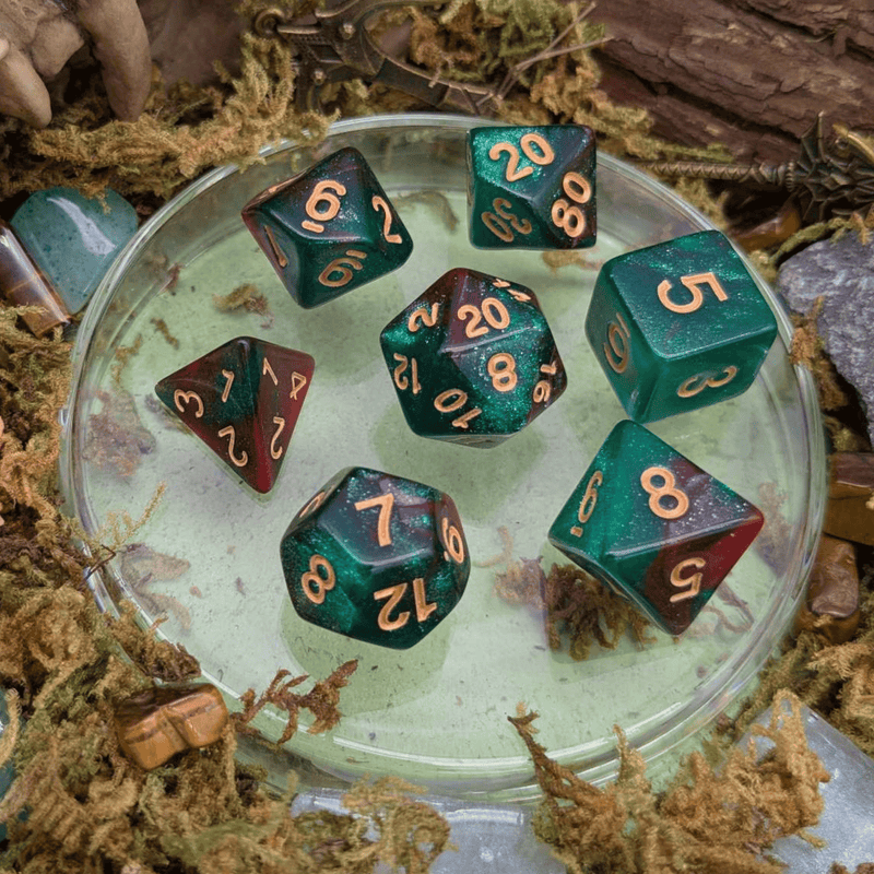 Green and Red Galaxy Dice Set