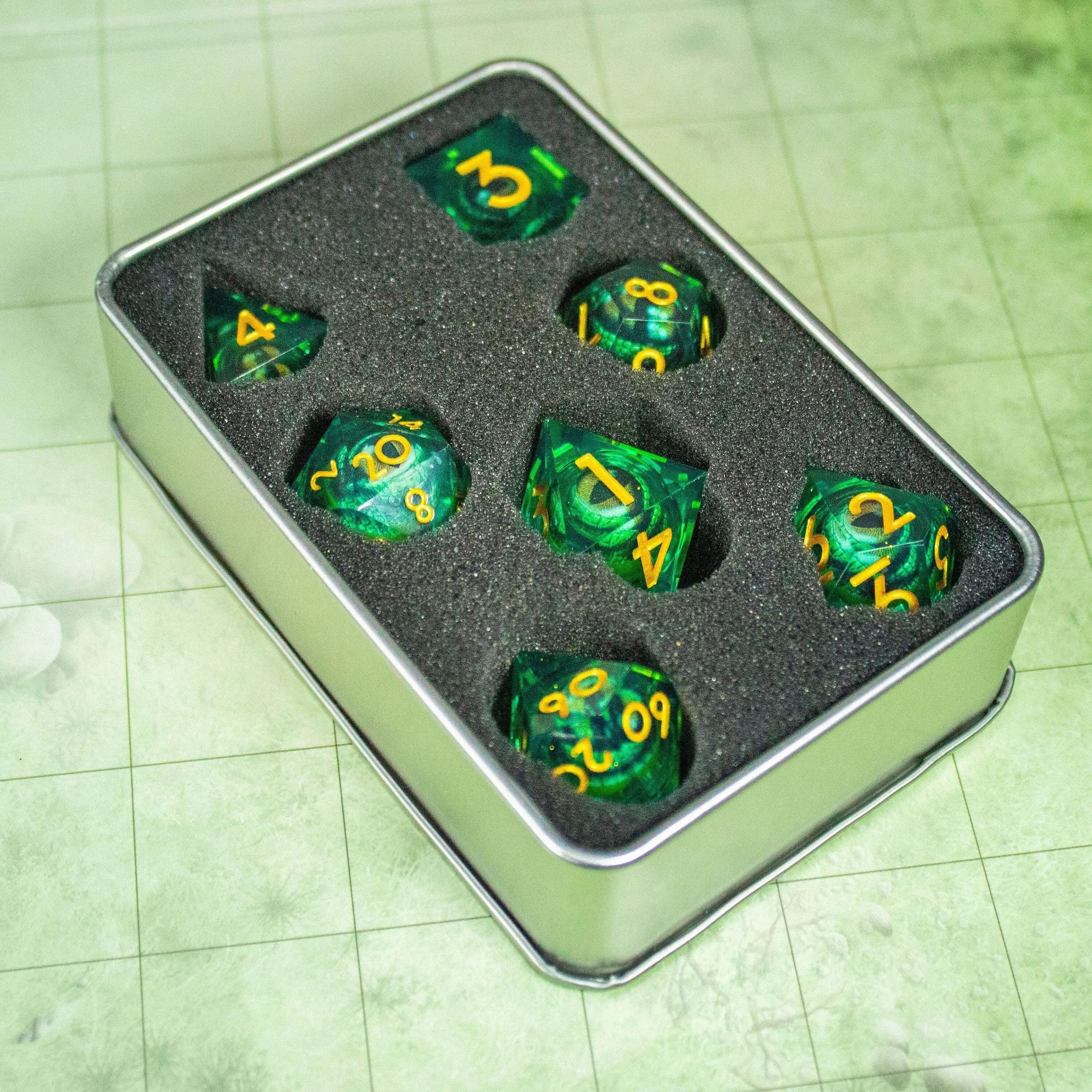 Liquid Core Moving Green Dragon Eye TTRPG  Dice. Where precision and style meet. Perfect for any sorcerers spell - MysteryDiceGoblins
