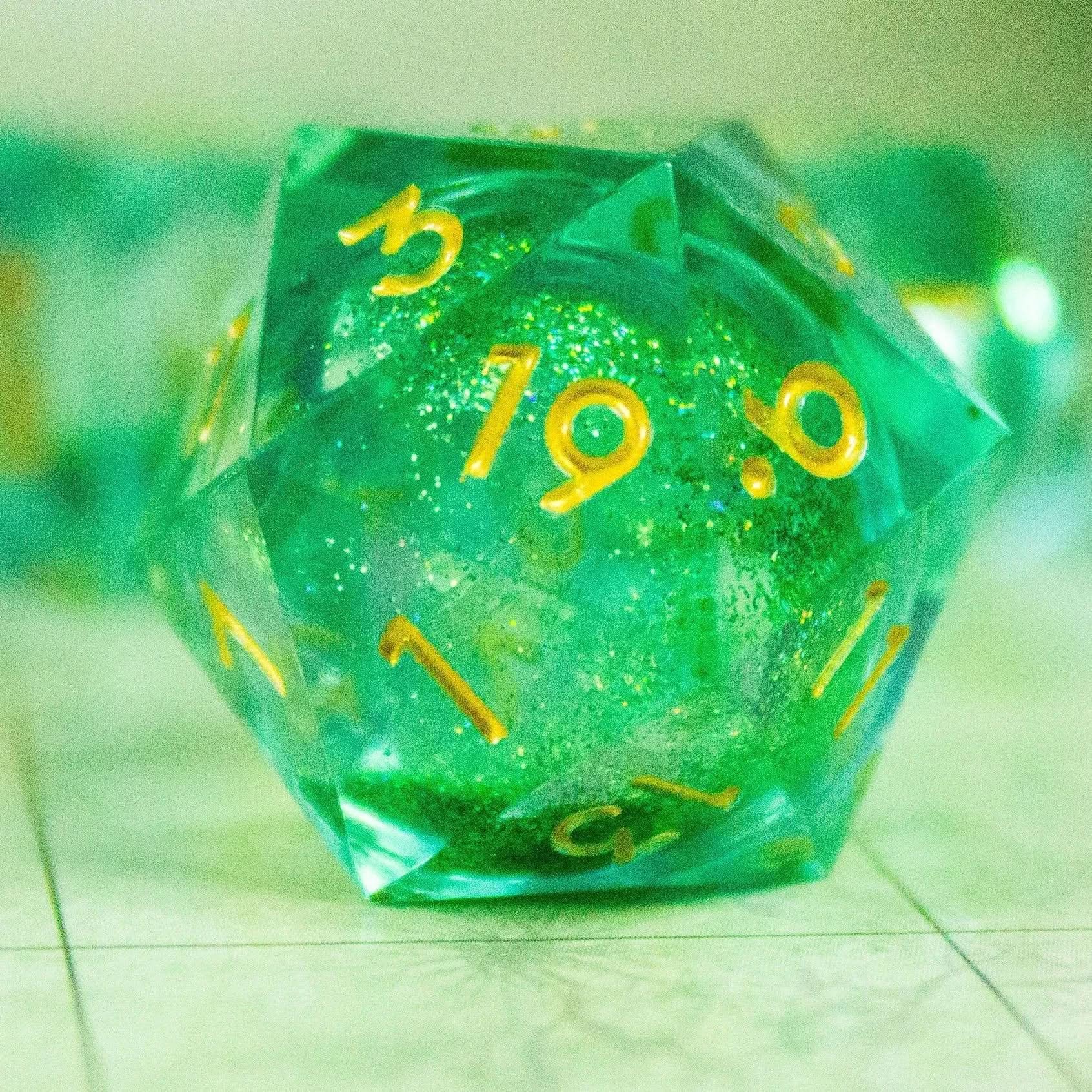 Green Shimmer Liquid Core Sharp Edge TTRPG  Dice    Gold Writing Premium Dice - MysteryDiceGoblins