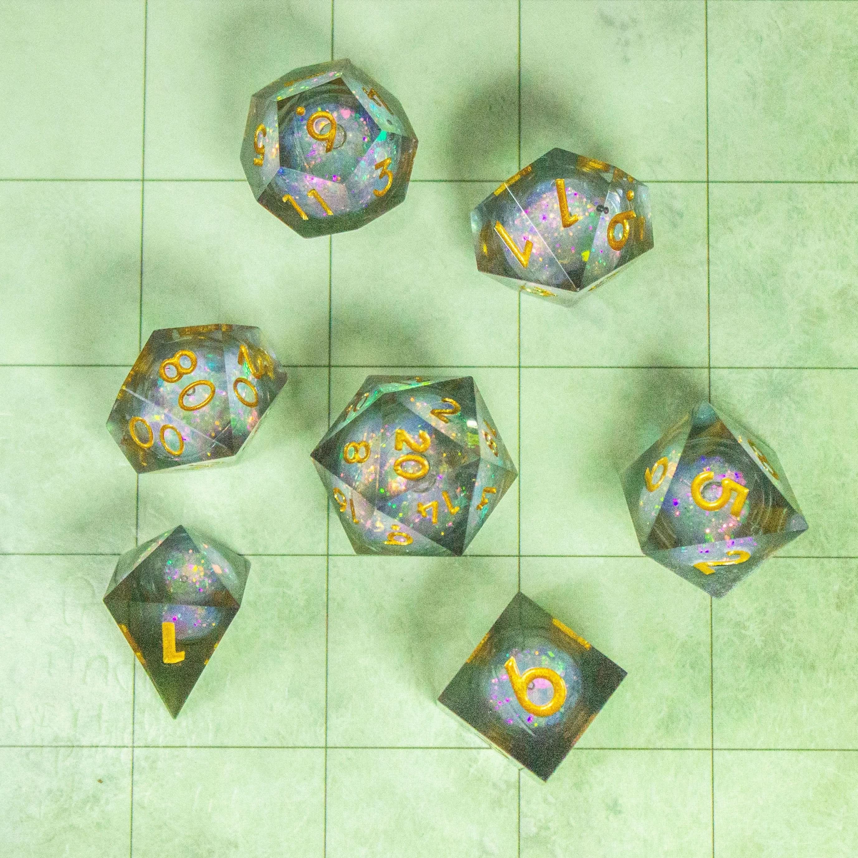 Black Liquid Core Shimmer Dice with Gold Numbering