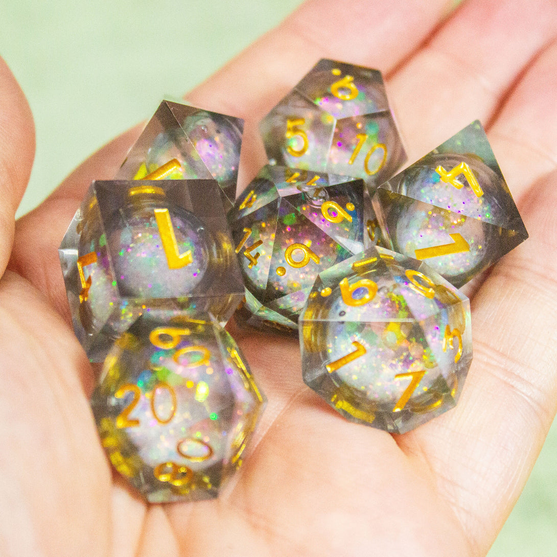 Black Multi-coloured Liquid Core Shimmer Glitter DnD Dice Sharp Edge Dungeons and Dragons Premium RPG Dice - MysteryDiceGoblins