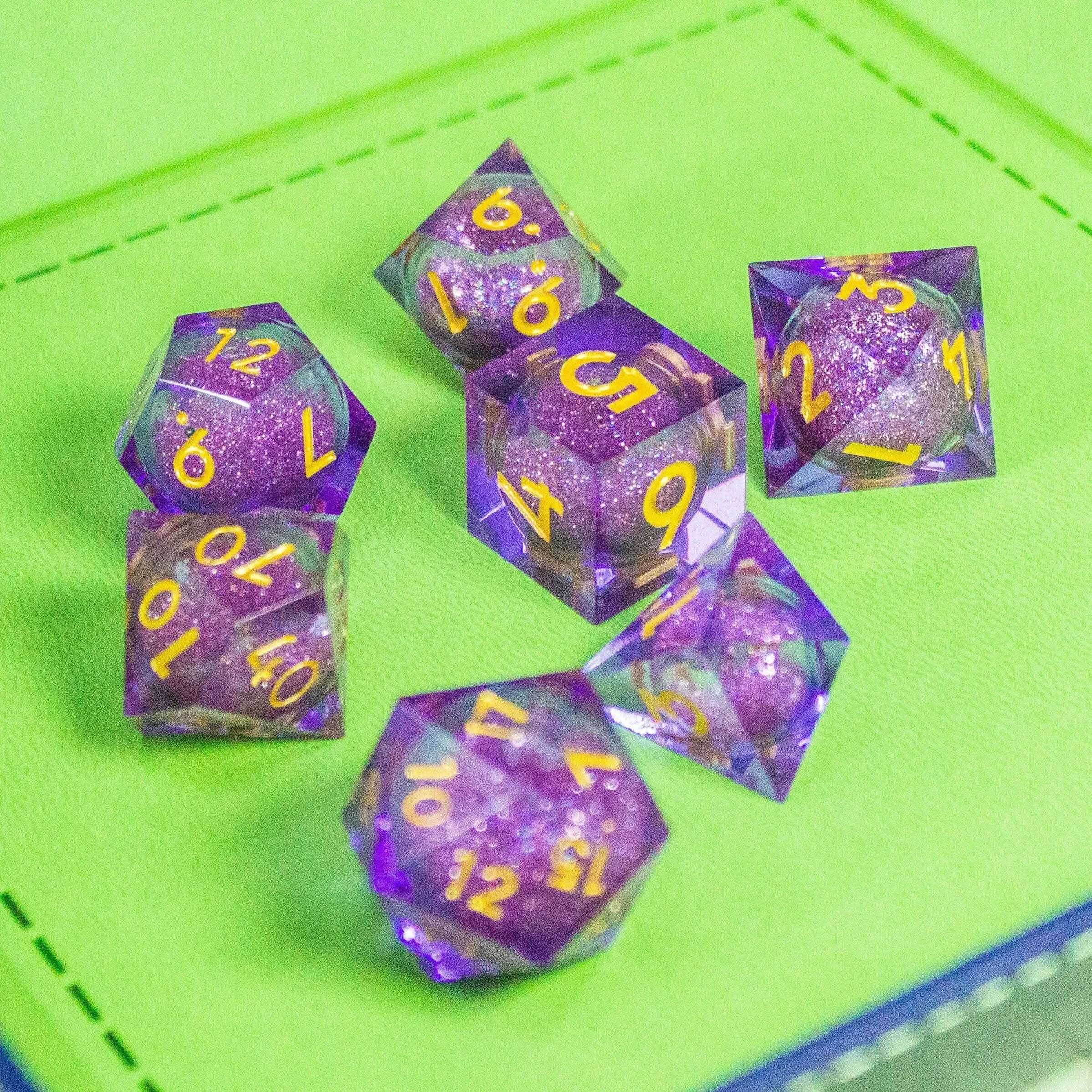 Purple Liquid Core Shimmer Glitter TTRPG  Dice Sharp Edge    Premium RPG Dice - MysteryDiceGoblins