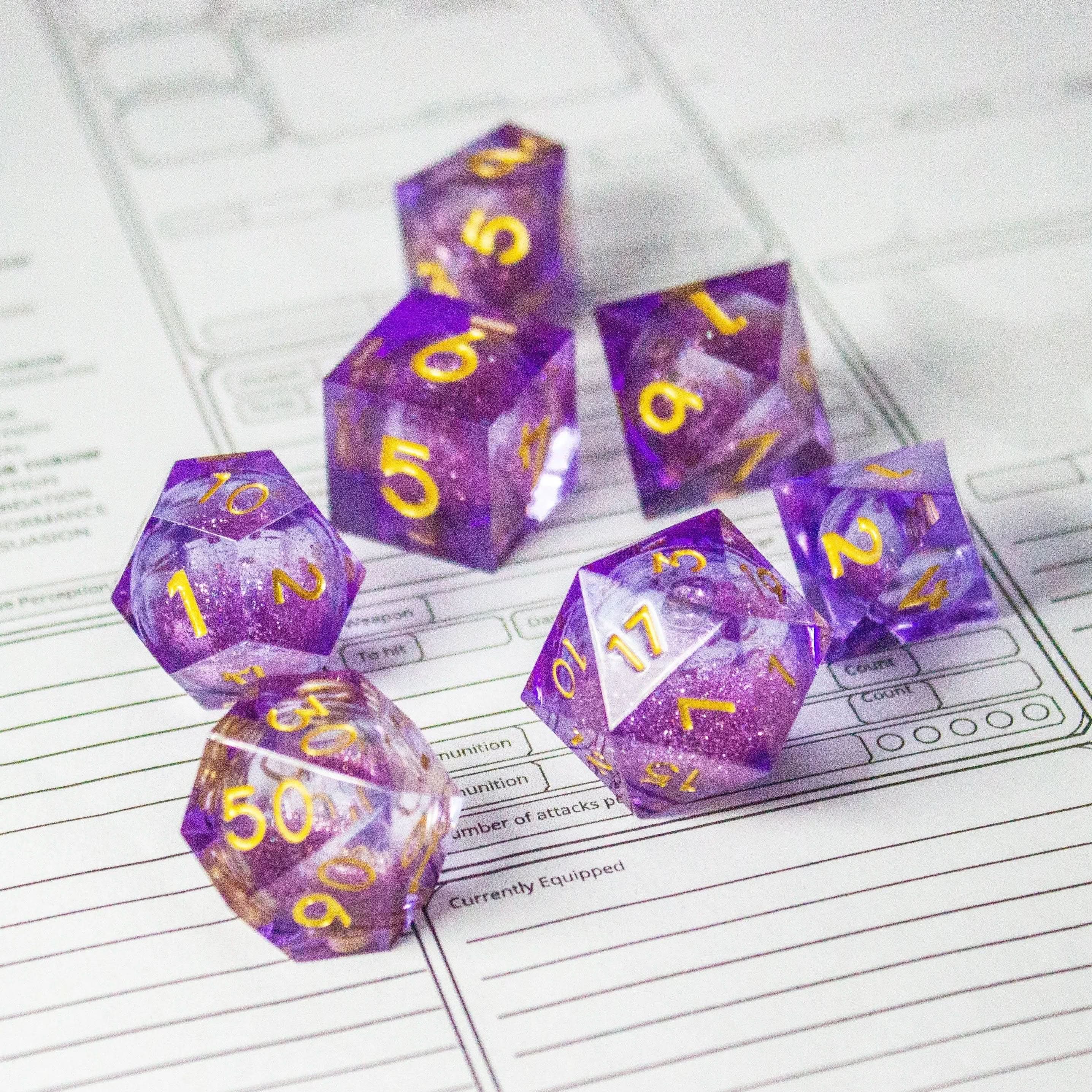 Purple Liquid Core Shimmer Glitter TTRPG  Dice Sharp Edge    Premium RPG Dice - MysteryDiceGoblins
