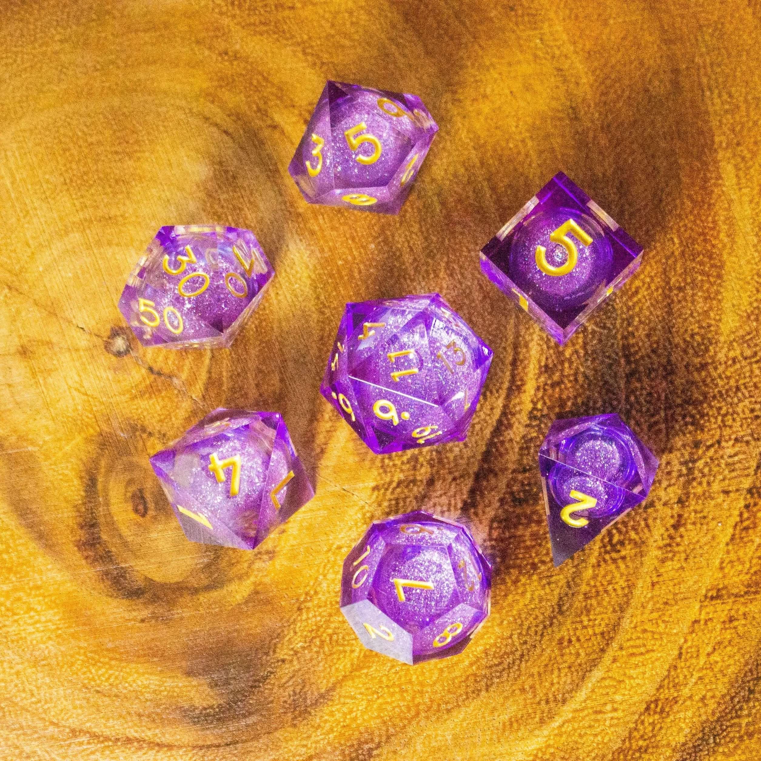 Purple Liquid Core Shimmer Glitter TTRPG  Dice Sharp Edge    Premium RPG Dice - MysteryDiceGoblins
