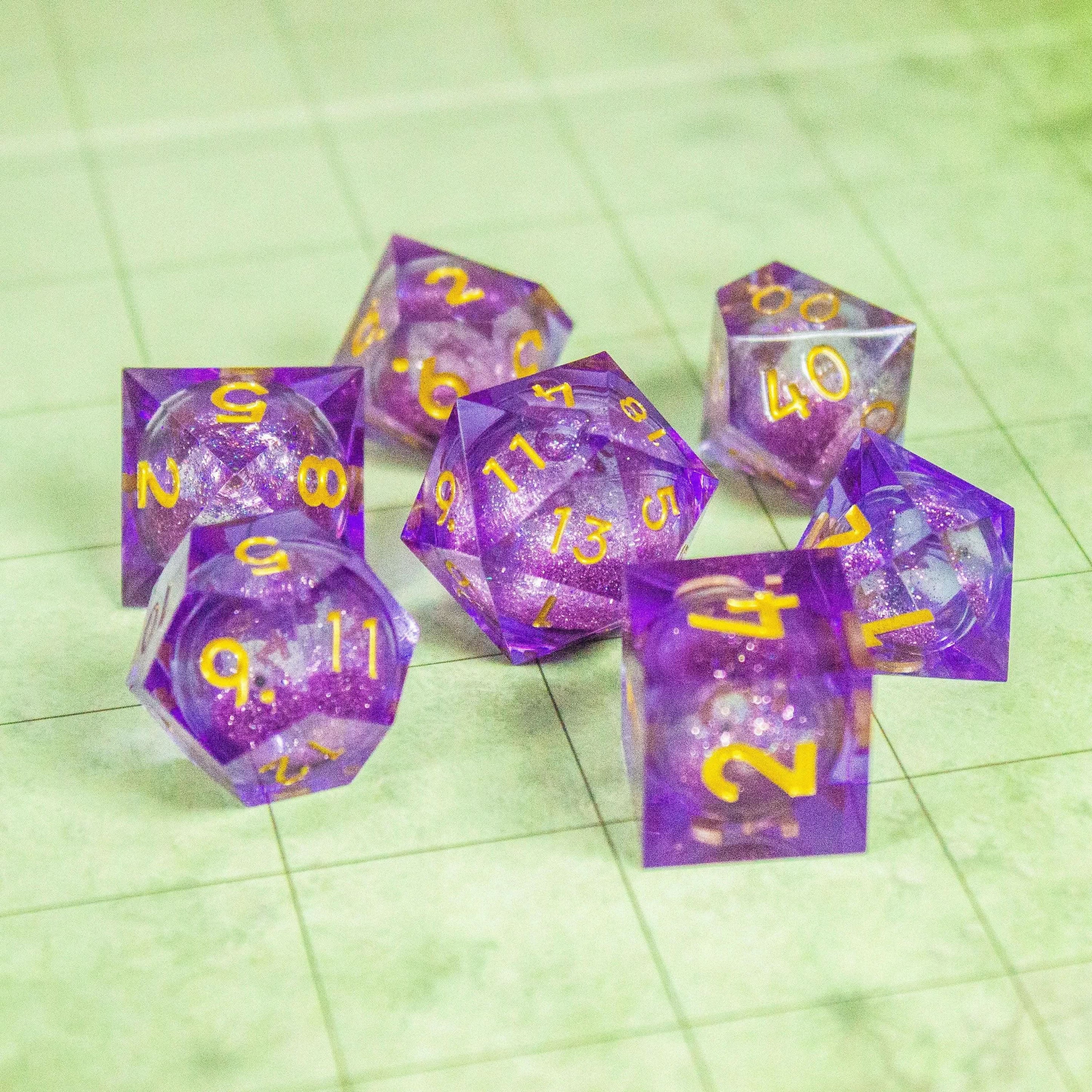 Purple Liquid Core Shimmer Glitter TTRPG  Dice Sharp Edge    Premium RPG Dice - MysteryDiceGoblins