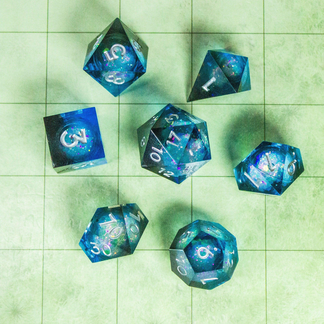 Blue Liquid Core Shimmer Glitter DnD Dice Sharp Edge Dungeons and Dragons Premium RPG Dice - MysteryDiceGoblins