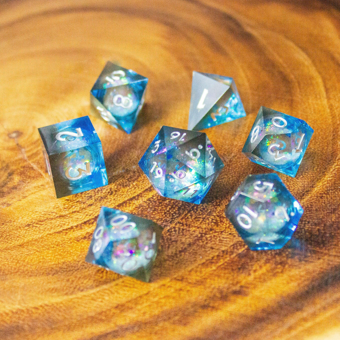 Blue Liquid Core Shimmer Glitter DnD Dice Sharp Edge Dungeons and Dragons Premium RPG Dice - MysteryDiceGoblins