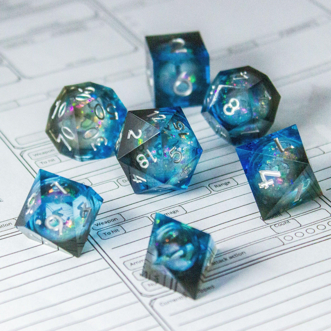 Blue Liquid Core Shimmer Glitter DnD Dice Sharp Edge Dungeons and Dragons Premium RPG Dice - MysteryDiceGoblins