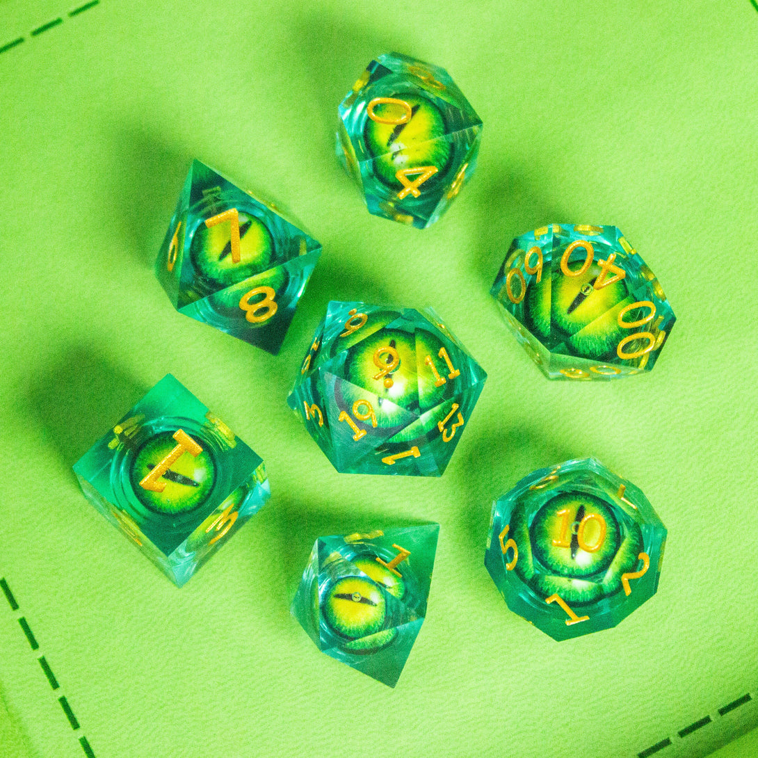 Liquid Core Moving Green Snake Eye DnD Dice. Sharp Edged Dice Dungeons and Dragons Dnd - MysteryDiceGoblins