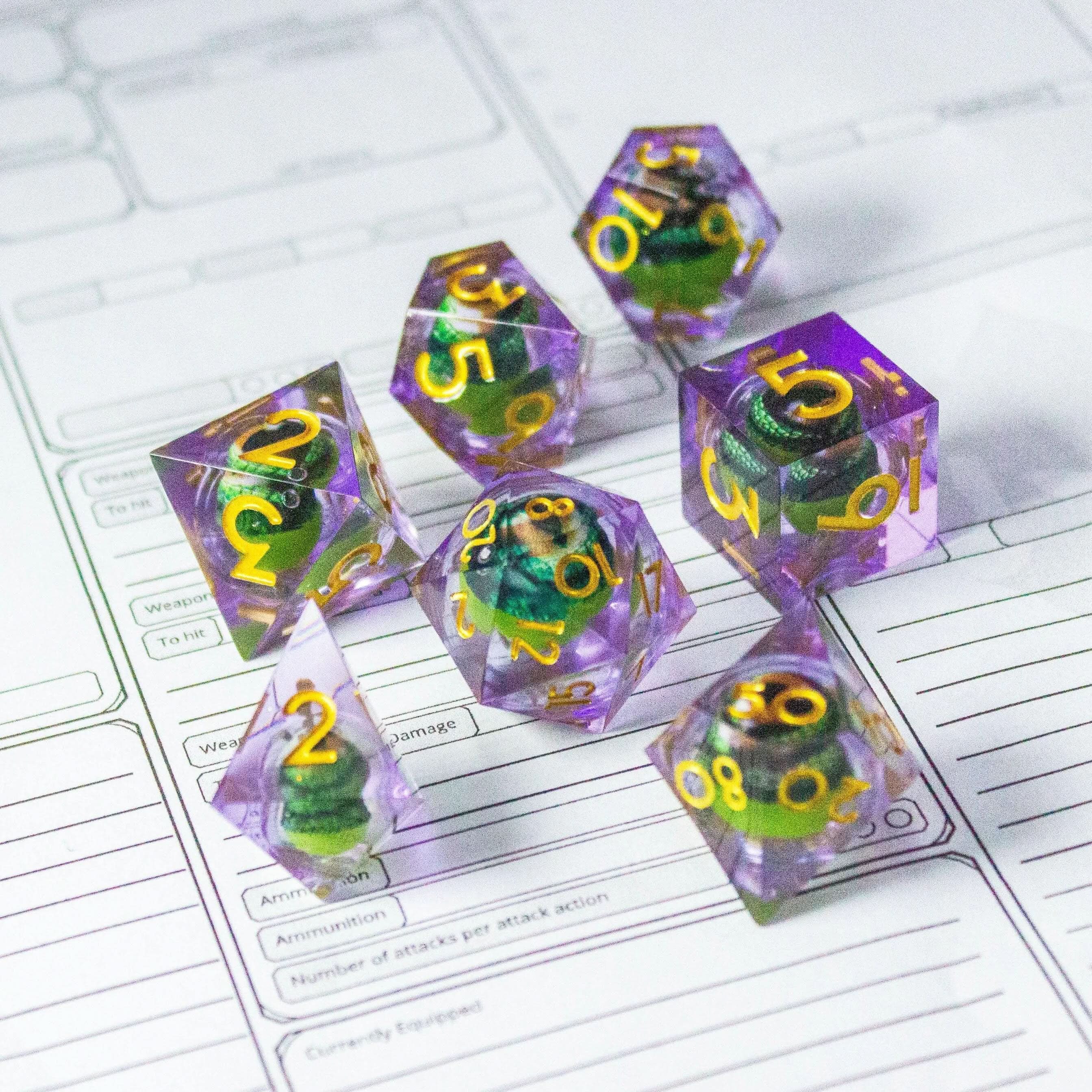 Liquid Core Moving Purple Dragon Eye TTRPG  Dice. Sharp Edged Dice    TTRPG  - MysteryDiceGoblins
