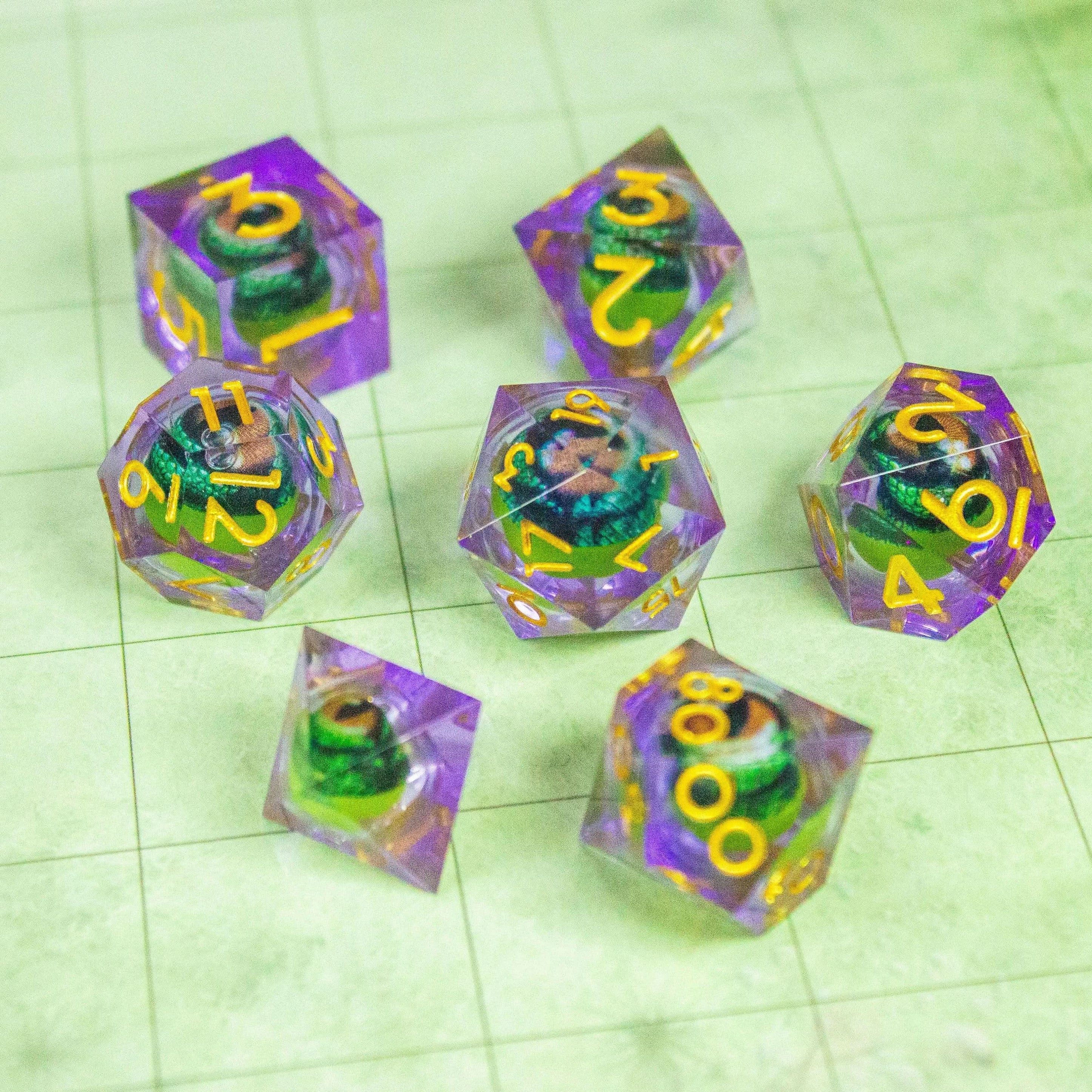 Liquid Core Moving Purple Dragon Eye TTRPG  Dice. Sharp Edged Dice    TTRPG  - MysteryDiceGoblins