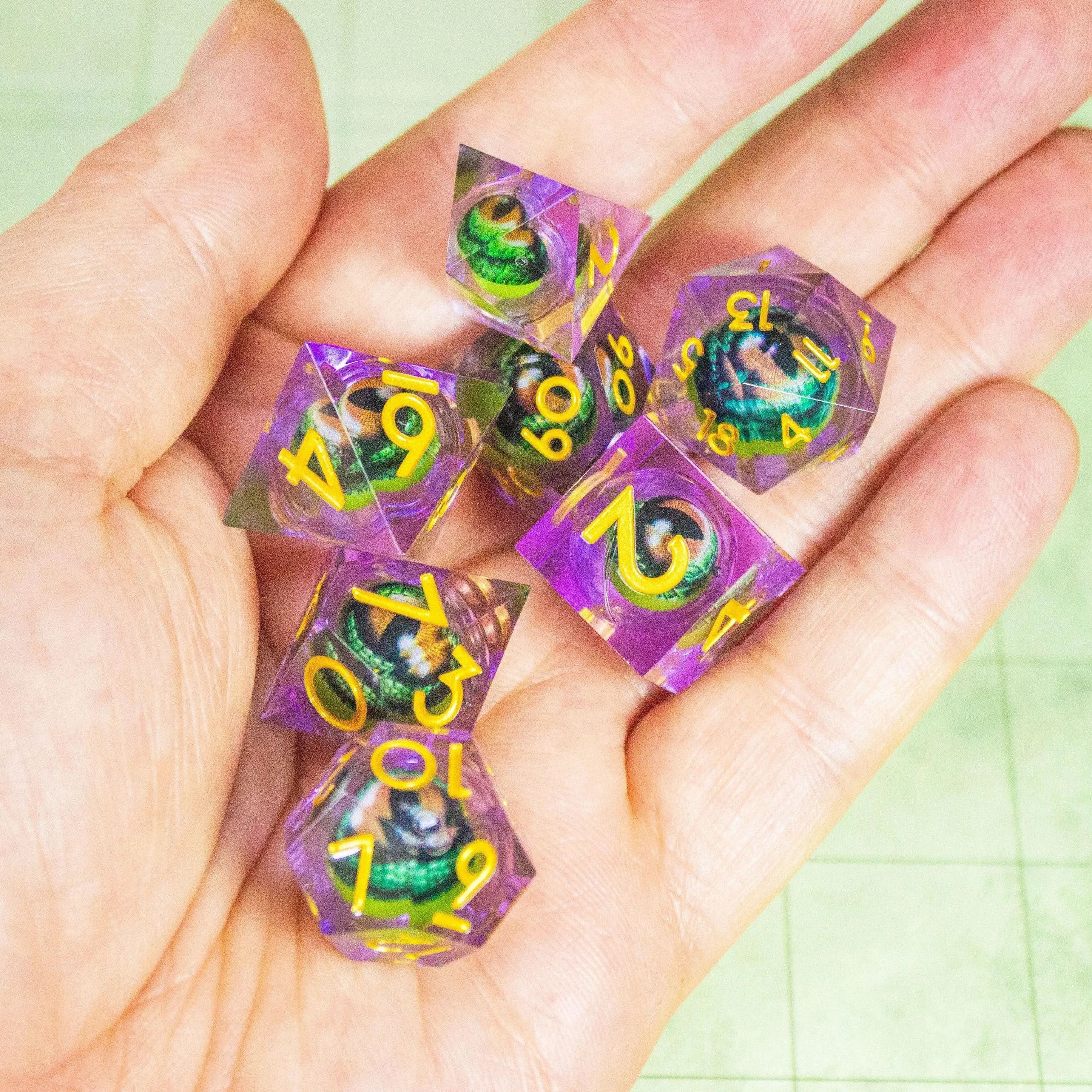 Liquid Core Moving Purple Dragon Eye TTRPG  Dice. Sharp Edged Dice    TTRPG  - MysteryDiceGoblins