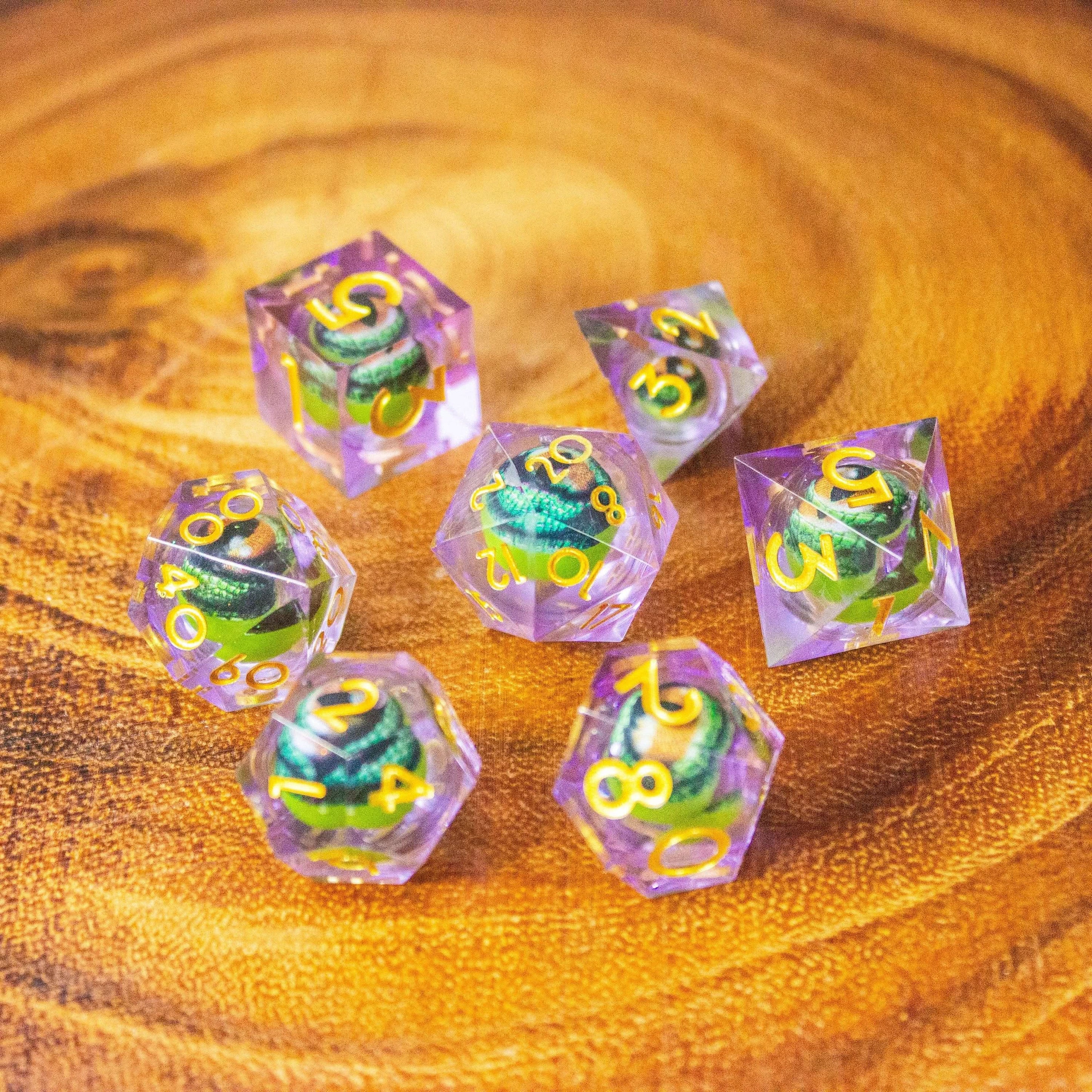 Liquid Core Moving Purple Dragon Eye TTRPG  Dice. Sharp Edged Dice    TTRPG  - MysteryDiceGoblins