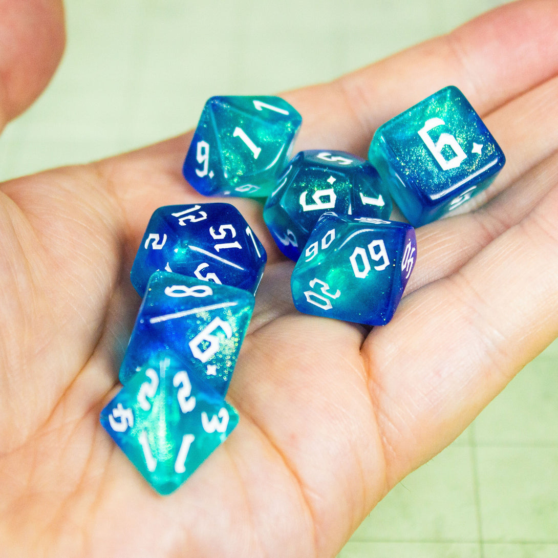 Ocean Fog DnD Dice. Channel the ethereal with these captivating, easy to read premium dice. Give your game a bit of sparkle. - MysteryDiceGoblins