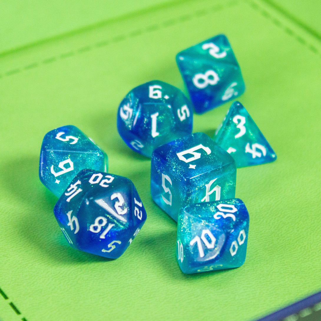 Ocean Fog DnD Dice. Channel the ethereal with these captivating, easy to read premium dice. Give your game a bit of sparkle. - MysteryDiceGoblins