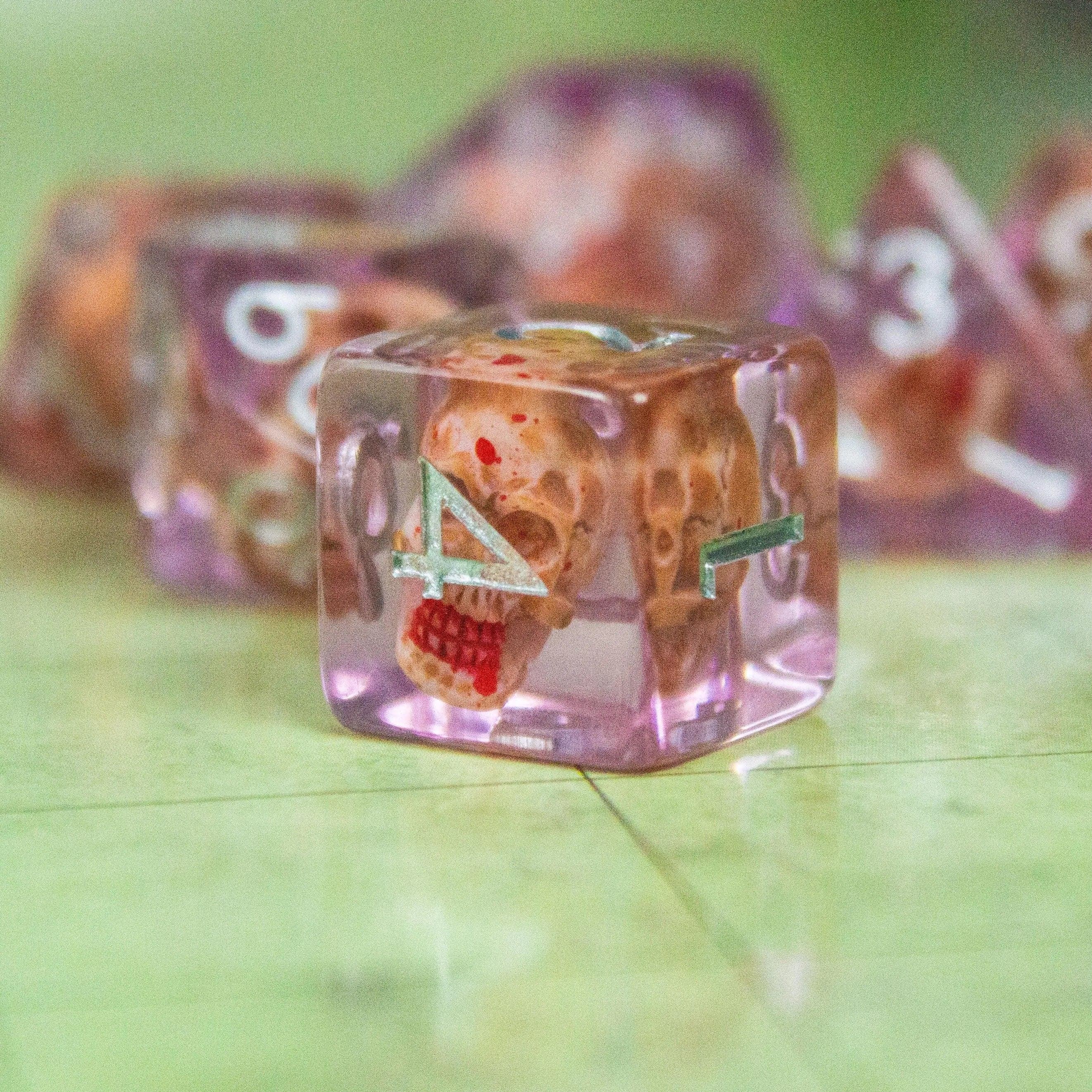 Tranparent Pink Skull TTRPG  Dice Set|    Transparent See through Dice (7) | Polyhedral Dice - MysteryDiceGoblins