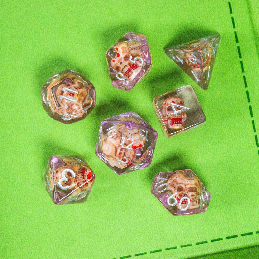 Tranparent Pink Skull DnD Dice Set| Dungeons and Dragons Transparent See through Dice (7) | Polyhedral Dice - MysteryDiceGoblins