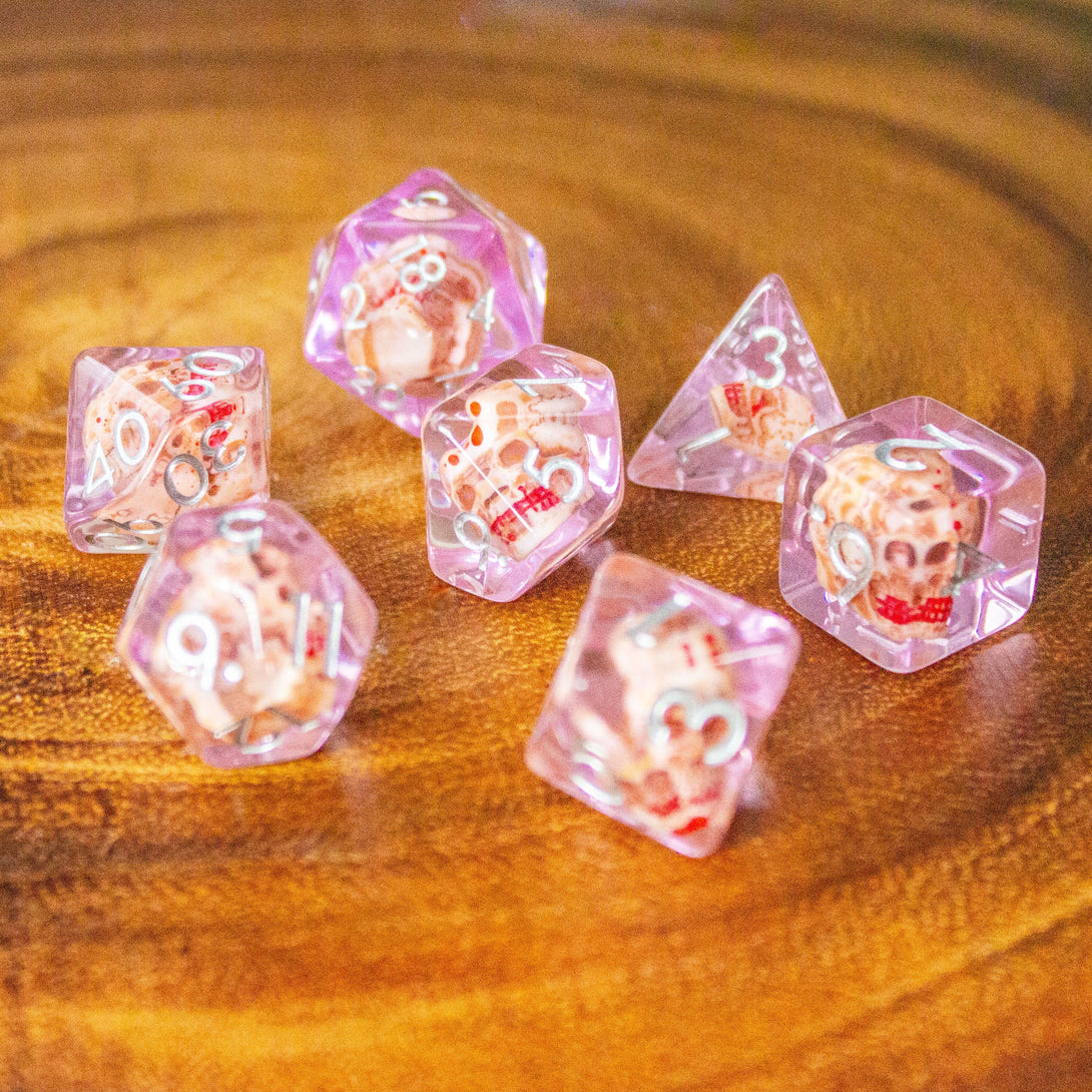 Tranparent Pink Skull DnD Dice Set| Dungeons and Dragons Transparent See through Dice (7) | Polyhedral Dice - MysteryDiceGoblins